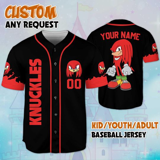Discover Personalized Knuckles Baseball Jersey, Custom Sonic the Hedgehog Shirt, Knuckles Outfit, Matching Family Jersey, Gamer Birthday Gift