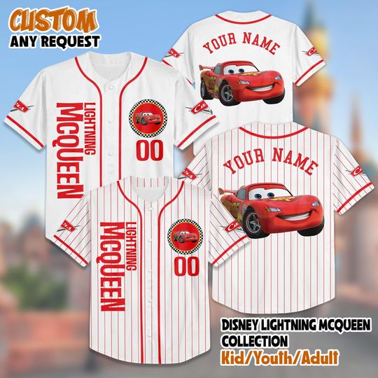 Discover Personalized Lightning McQueen Baseball Jersey, Custom Disney Cars Baseball Shirt, Matching Disney Trip Outfit, Disneyland Birthday Gift