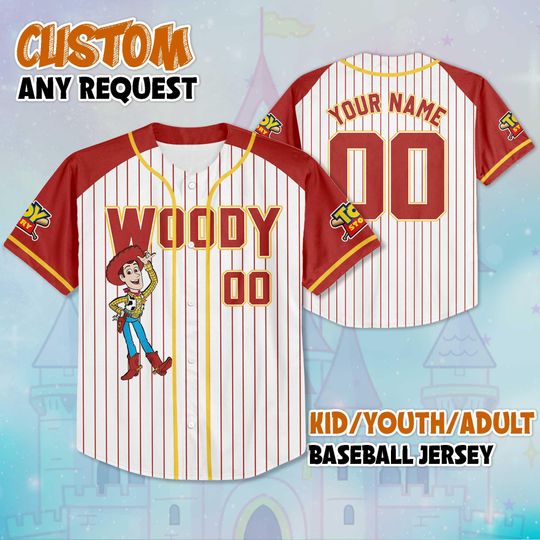 Discover Personalized Woody Baseball Jersey, Custom Disney Toy Story Woody Jersey Shirt, Disney Baseball Jersey Sports Gifts For Fans