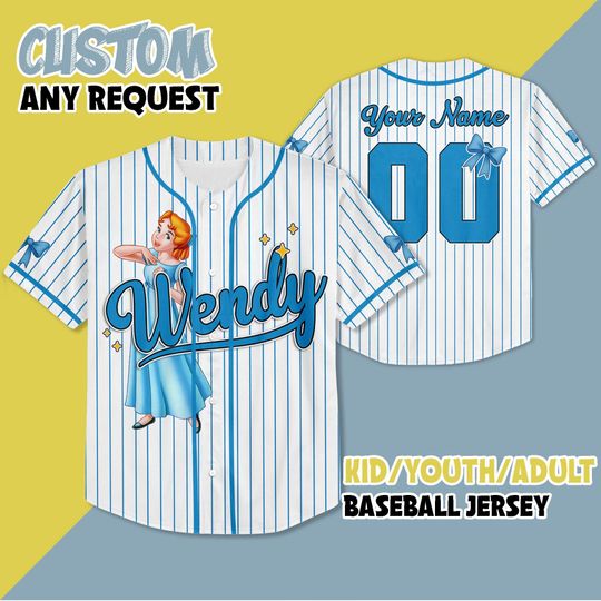 Discover Personalized Wendy Darling Baseball Jersey, Custom Disney Peter Pan Baseball Shirt, Matching Disney Trip Outfit, Disneyland Birthday Gift