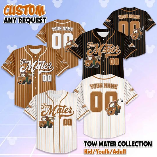 Discover Personalized Tow Mater Baseball Jersey, Custom Disney Cars Baseball Shirt, Matching Disney Trip Outfit, Disneyland Birthday Gift
