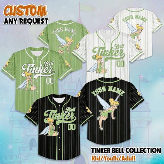 Discover Personalized Tinker Bell Baseball Jersey, Custom Disney Peter Pan Baseball Shirt, Matching Disney Trip Outfit, Disney Birthday Gift