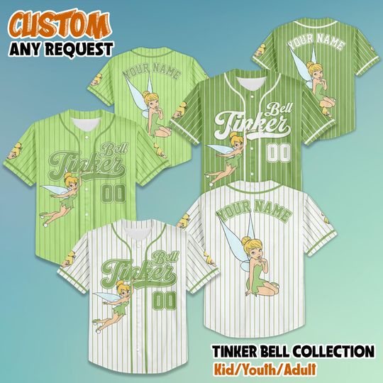 Discover Personalized Tinker Bell Baseball Jersey, Custom Disney Peter Pan Baseball Shirt, Matching Disney Trip Outfit, Disney Birthday Gift