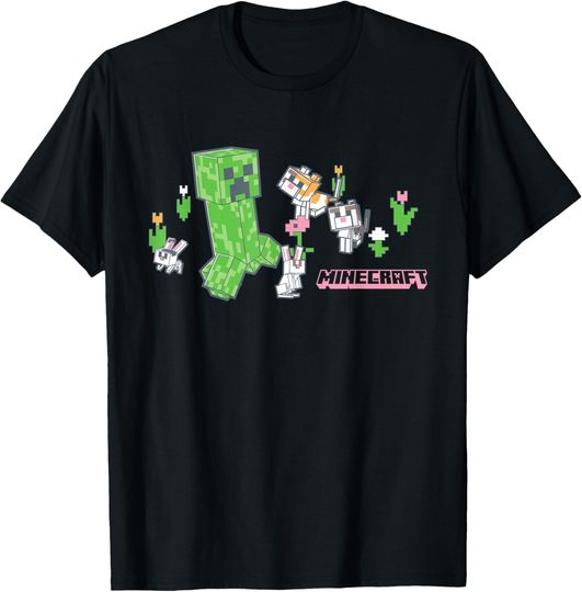 Discover Minecraft Creeper With Bunnies And Cats Pixel Garden T-Shirt