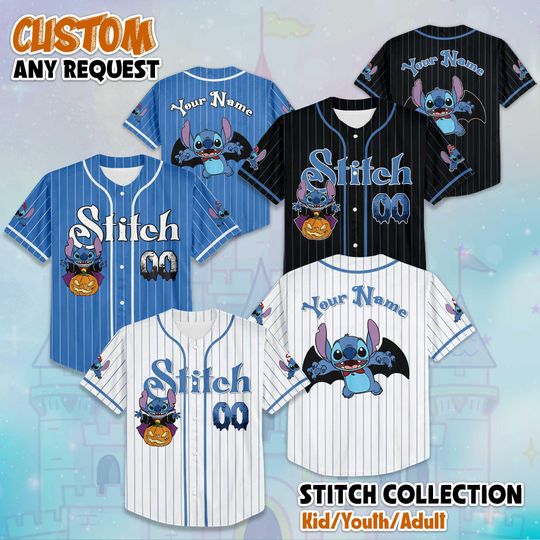 Discover Personalized Stitch Halloween Baseball Jersey, Custom Lilo and Stitch Jersey, Disney Costume Shirt, Birthday Gift, Disney Halloween Shirt