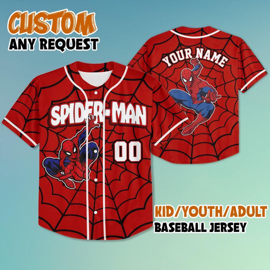 Discover Personalized Spider-Man Baseball Jersey, Custom Superhero Jersey, Marvel Birthday Outfit, Spider-Man Shirt, Gift for Fans