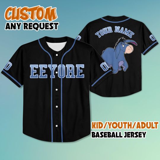 Discover Custom Eeyore Black Baseball Jersey, Disney Winnie the Pooh Jersey, Personalized Eeyore Shirt, Family Matching Outfit, Gift For Disney Fans