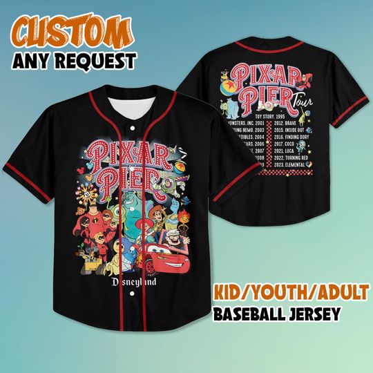 Discover Personalized Disneyland Pixar Pier Tour Baseball Jersey, Custom Pixar Pier Jersey Shirt, Matching Disney Vacation Outfit