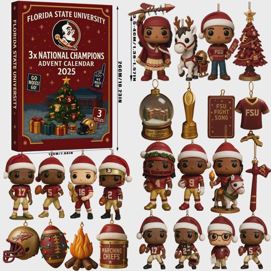 Florida State Seminoles Advent Calendar 2025, FSU 3X National Champions Ornament Set, College Football Gift for Alumni and Fans