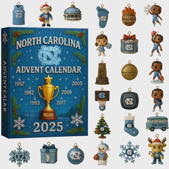 Discover North Carolina Tar Heels Basketball Advent Calendar 2025, UNC NCAA National Champion Ornament Set, Christmas Countdown Gift for Alumni