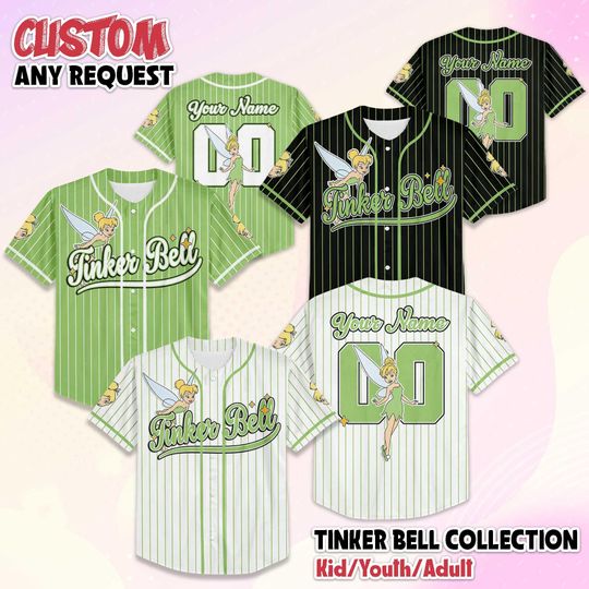 Discover Personalized Tinker Bell Baseball Jersey, Custom Disney Tinker Bell Baseball Shirt, Matching Disney Trip Outfit, Peter Pan Birthday Gift