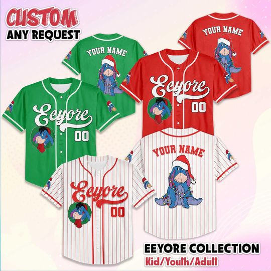 Discover Personalized Eeyore Christmas Baseball Jersey, Custom Disney Winnie the Pooh Shirt, Eeyore Disney Outfit, Matching Family Jersey