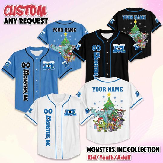 Discover Personalized Monsters Christmas Baseball Jersey, Disney Monsters Inc Baseball Shirt, Matching Disney Trip Outfit, Disney Birthday Gift