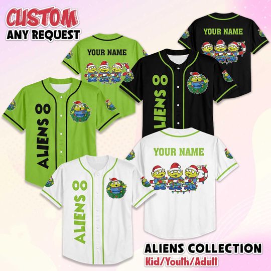 Discover Personalized Little Green Aliens Christmas Baseball Jersey, Custom Toy Story Baseball Shirt, Matching Disney Trip Outfit, Disney Birthday