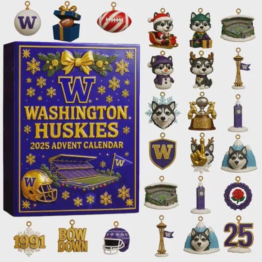 Washington Huskies Advent Calendar 2025, College Football Wolfpack Ornament Set, Christmas Countdown Gift for Alumni and UW Fans