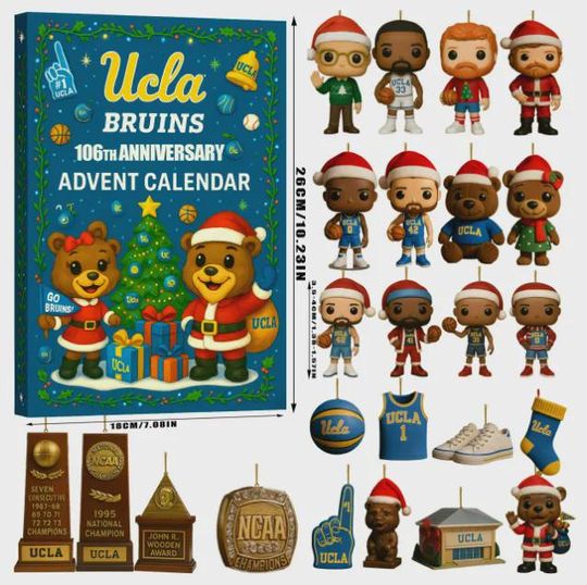 Discover UCLA Bruins 106th Anniversary Advent Calendar 2025, NCAA Basketball Merch, Wooden Award Ornament Set, Christmas Gift Alumni