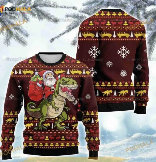 Christmas Santa Claus Riding Dinosaur Ugly Christmas Sweater
