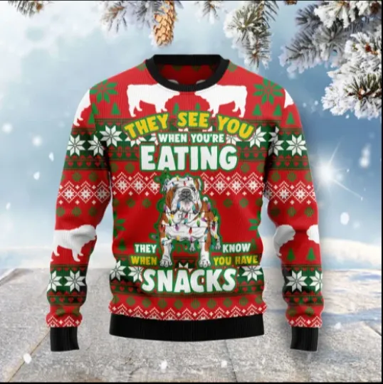 Discover Bulldog Snacks Ugly Christmas Sweater 3D