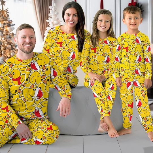 Discover Christmas Duck Wearing Santa Hat Family Pajamas Set, Cute Christmas Pajamas, Christmas Gift For Family Matching, Gift For Family
