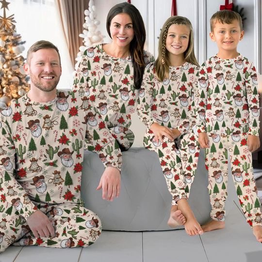 Christmas Western Santa Pajama Set for Adults, Cowboy Santa Family Pajamas, Country Style Xmas Gift Set