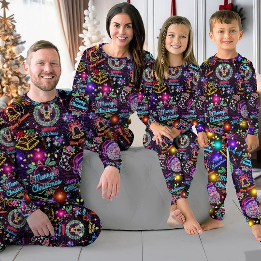 Discover Neon Christmas Family Pajamas Set, Cute Merry Christmas Pajamas, Christmas Gift For Family Matching, Gift For Family, Winter Sleepwear
