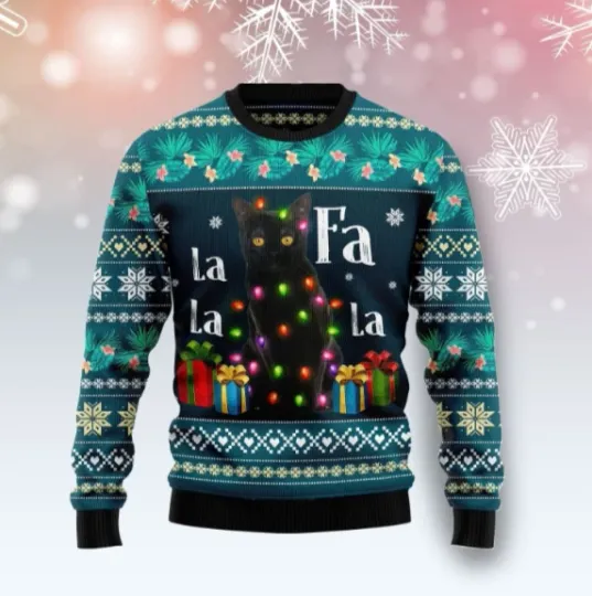 Discover Black Cat Falalala Ugly Christmas Sweater 3D