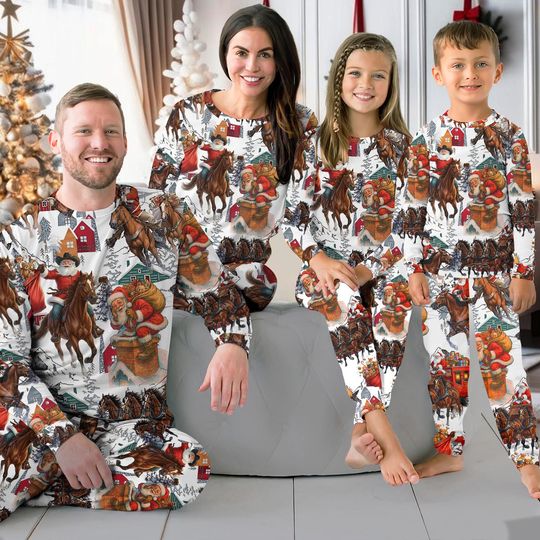 Christmas Western Santa Riding Horse Pajama Set for Adults and Family