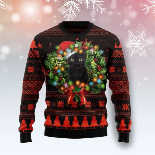 Discover Cute Black Cat Ugly Christmas Sweater, Perfect Holiday Gift