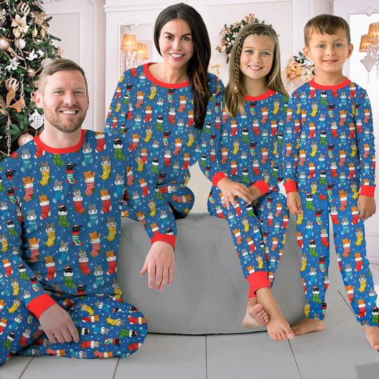 Discover Christmas Cat Stocking Family Pajamas Sets, Cute Christmas Pajamas, Christmas Gift For Family Matching, Gift For Cat Lovers, Xmas Stocking