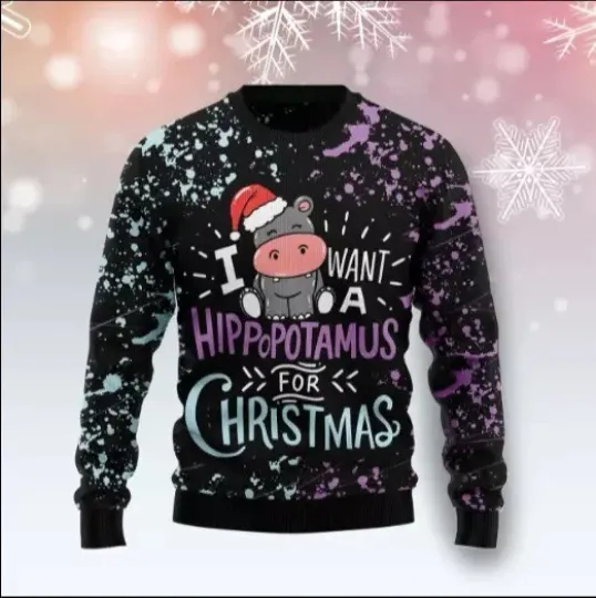 Discover Hippo Xmas Ugly Christmas Sweater 3D