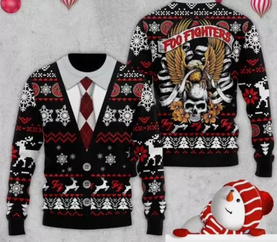 FF Band Fighter Skull Snowflakes Rock Band Ugly Christmas Sweater