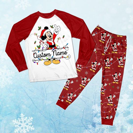 Discover Personalized Mickey and Friends Christmas Family PJs, Custom Name Matching Mouse Pajamas, Holiday Lights Gift Set, Festive Xmas Loungewear
