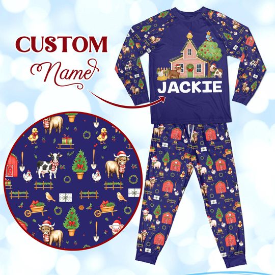 Discover Personalized Farmhouse Christmas PJs, Custom Name Farm Animal Pajamas, Matching Holiday Gift Set for Family, Winter Sleepwear