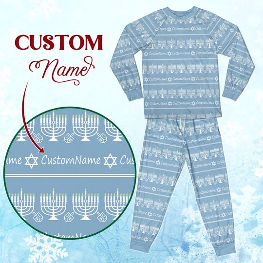 Personalized Hanukkah Family Pajamas, Custom Name Menorah Dreidel PJs, Matching Jewish, Chanukah Sleepwear for Kids & Adults Xmas Gifts