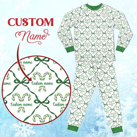 Personalized Coquette Christmas Family PJs, Custom Name Bow Xmas Items Sleepwear, Matching Holiday Gift Set, Winter Sleepwear for Kid Adults