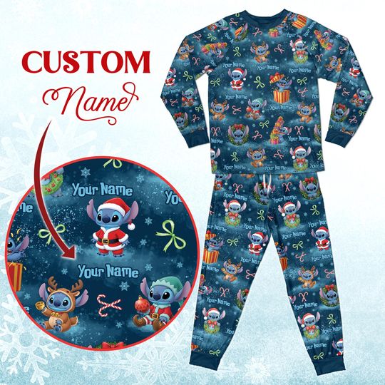 Custom Stitch Christmas Pajamas Set, Family Matching Holiday PJs, Personalized Blue Alien Sleepwear, Stitch Costume Pajamas For Kids Toddler