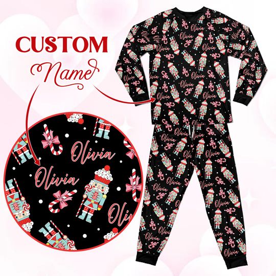 Personalized Nutcracker Christmas PJs, Custom Name Candy Cane Pajamas, Matching Holiday Soldier Gift for Kids, Family Matching Xmas Outfit