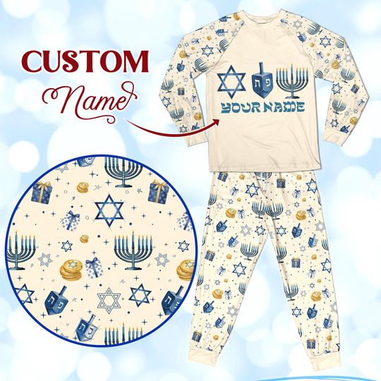 Discover Personalized Hanukkah Family Pajamas, Custom Name Menorah Dreidel PJs, Matching Jewish Holiday Gift Set, Chanukah Sleepwear for Kids & Adult