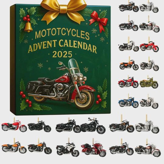 Motorcycles Advent Calendar 2025, Christmas Gift for Biker Rider Husband, Vintage Chopper Bike Ornament Set