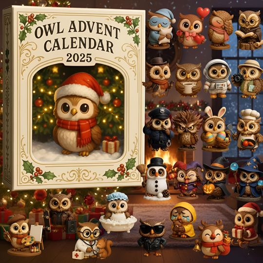 Discover 2025 Owl Advent Calendar, 24 Days of Cute Owl Figures, Woodland Animal Gift, Christmas Countdown Decor, Collector Holiday Set