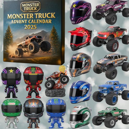 Discover Acrylic Advent Calendar Blind Box Monster Truck 2025, 24 Mini Trucks and Helmets, Christmas Countdown Gift for Boys and Racing Fans