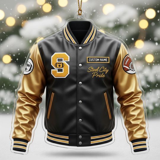 Discover Steeler Varsity Jacket Ornament: Custom Name & Number, Football Christmas Gift
