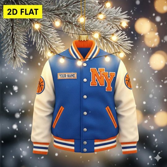 Personalized Knicks Varsity Jacket Ornament: Custom Basketball Fan Gift