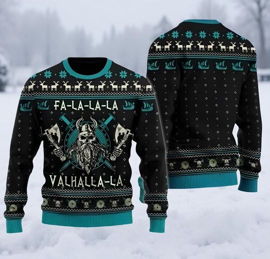 King Fa-la-la-la Valhalla-la Ugly Christmas Sweater, Funny Viking Holiday Jumper, Norse Mythology Festive Pullover Gift