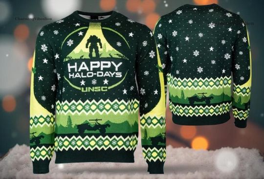Discover Happy Halo-Days Ugly Christmas Sweater, Funny Knitted Jumper, Large Novelty Holiday Pullover, Winter Party Gift