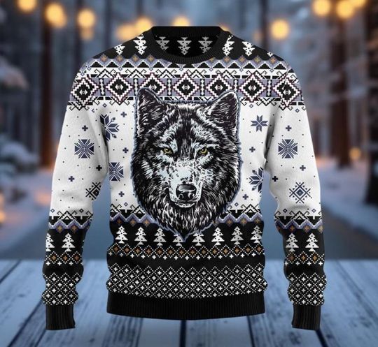 Discover Wolf Ugly Christmas Sweater, Funny Animal Holiday Pullover, Winter Party Sweatshirt, Xmas Gift for Men and Women