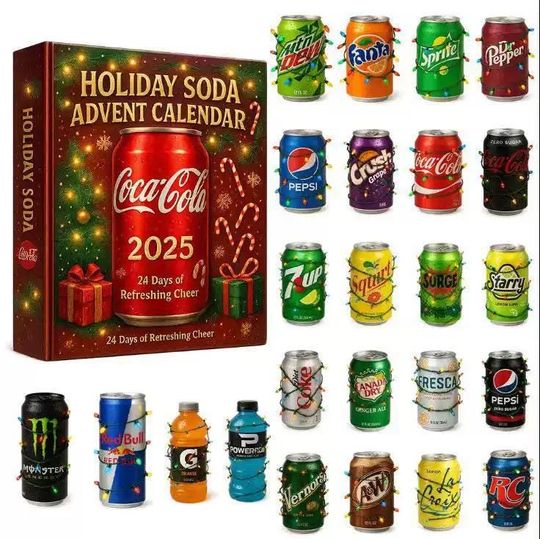 Discover Holiday Soda Advent Calendar 2025 | 24 Days of Iconic Pop Can Miniature Ornaments | Unique Christmas Gift for Soda Drinkers and Collectors