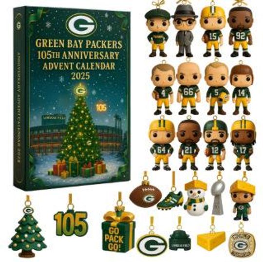 Discover Green Bay Packers 105th Anniversary Advent Calendar 2025, Go Pack Go football Merch, Lambeau Field Ornament Set, Christmas Gift for Dad