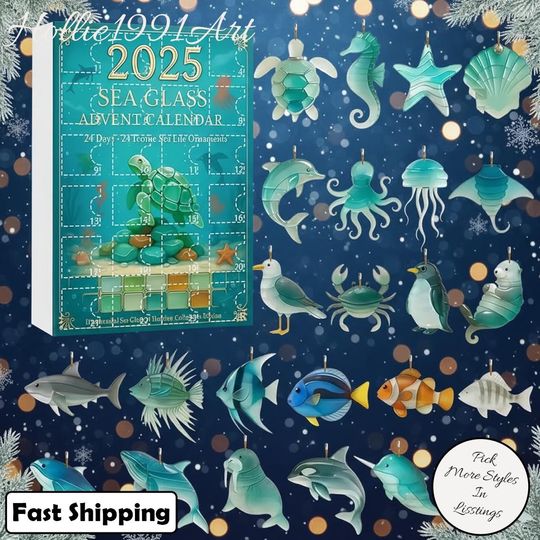 Discover Sea Glass Advent Calendar 2025, 24 Day Sea Animals Figurines, Christmas Ornament Countdown, Coastal Holiday Decor Gift, Xmas Gift Set