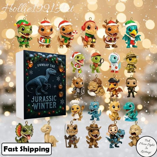 Discover Jurassic 2D Flat Advent Calendar 2025, 24 Acrylic Christmas Ornaments, Prehistoric Reptile Mini Figures Jurassic Theme Holiday Gift for Kids